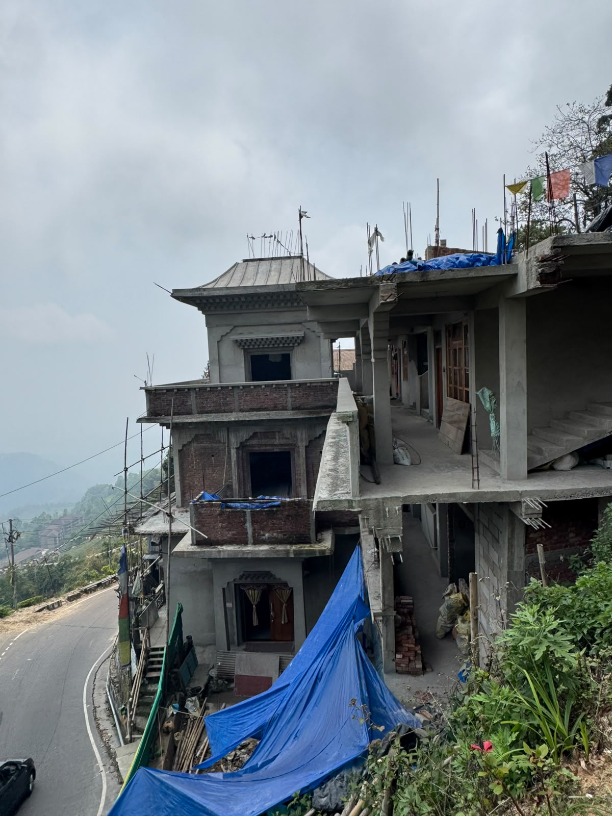 The Dolma-Ling temple rising on the hillside above the road