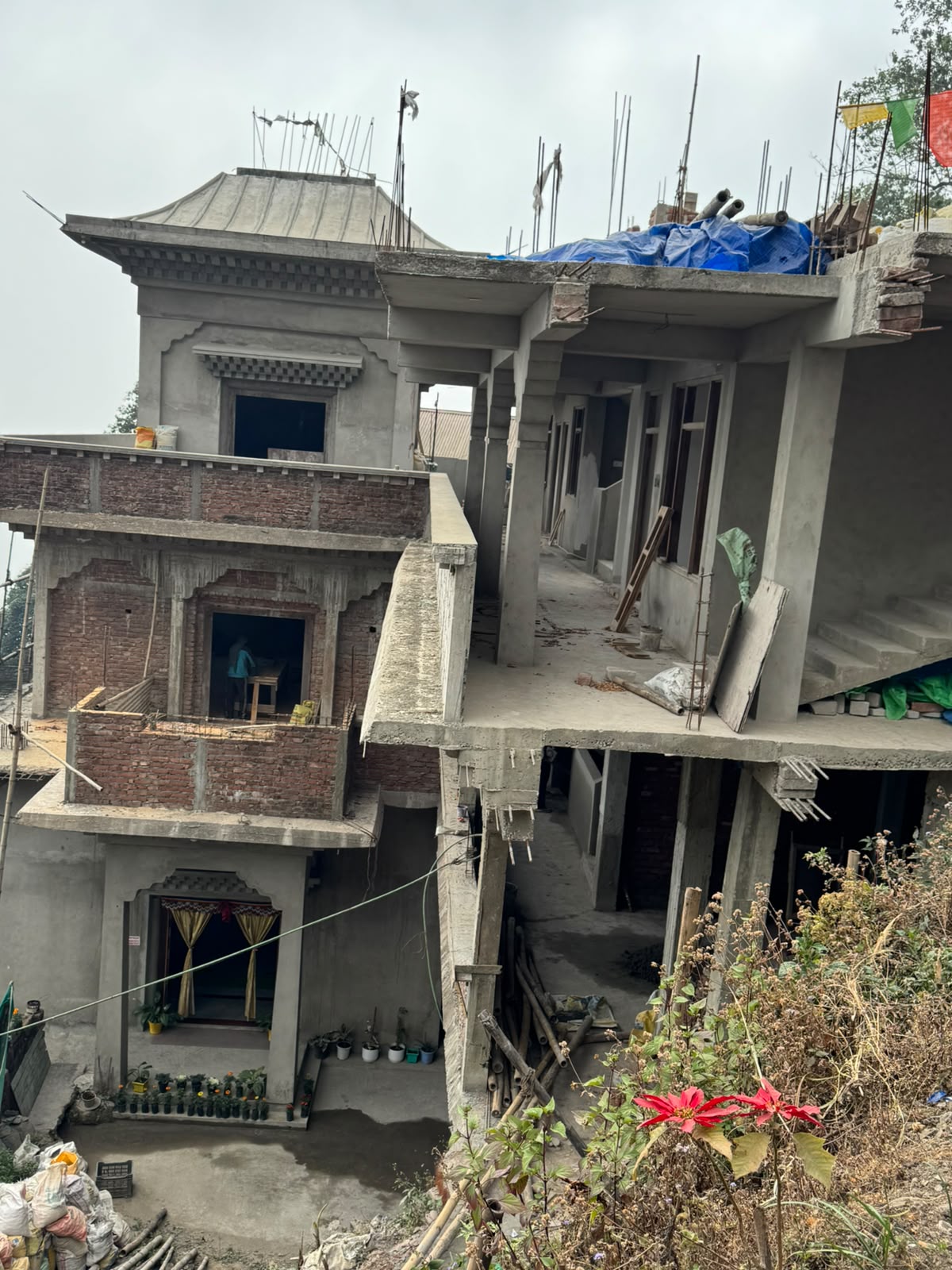 Construction view of the multi-storey temple building