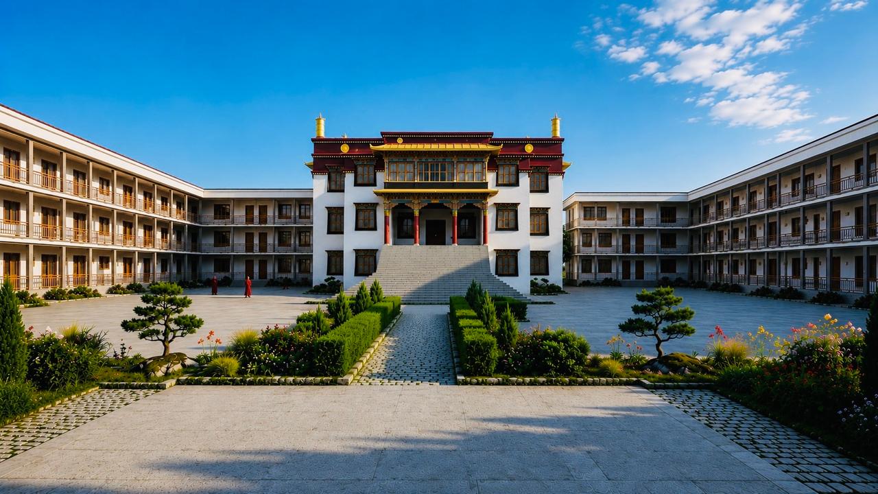 The completed Drepung Loseling prayer hall, front view