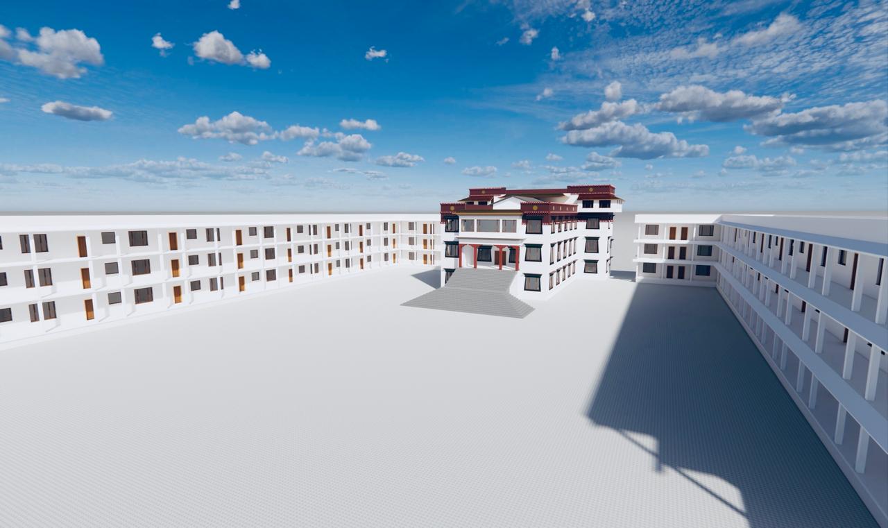 The prayer hall and landscaped courtyard