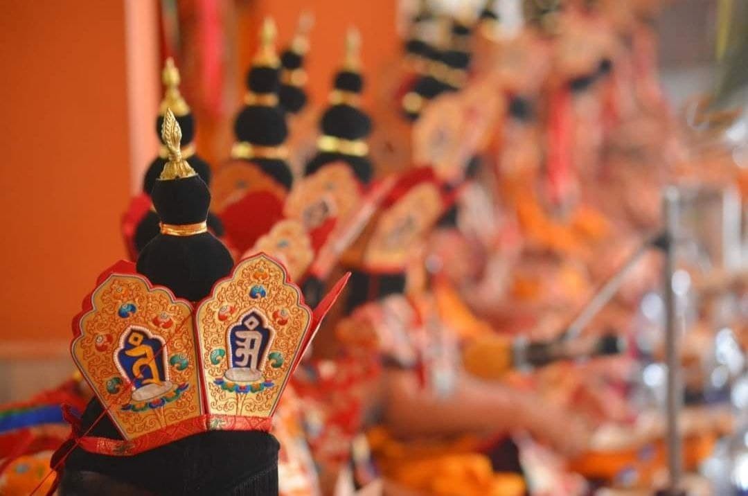 Wangche ritual crowns worn by monks during an empowerment