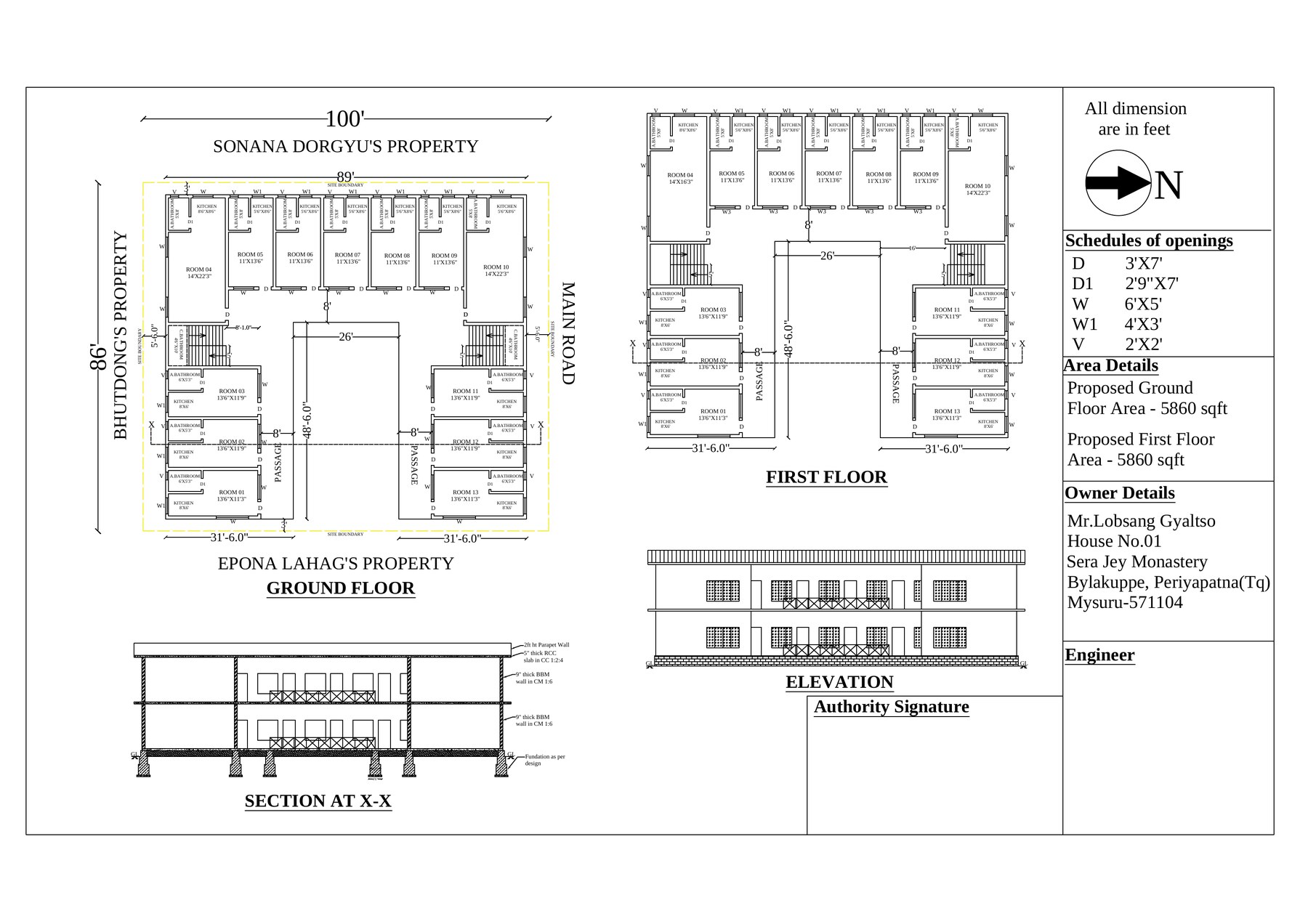Approved architectural plan — ground floor and first floor layouts, cross-section and elevation for the new rooms at Lama Camp, Bylakuppe